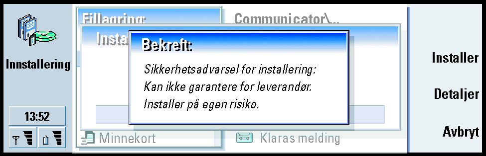 230 Tilbehør Tips: Har du installert PC Suite for Nokia 9210i Communicator på PCen din og kommunikatoren er koblet til PCen, kan du også installere programvare ved å dobbeltklikke på en SIS-fil som