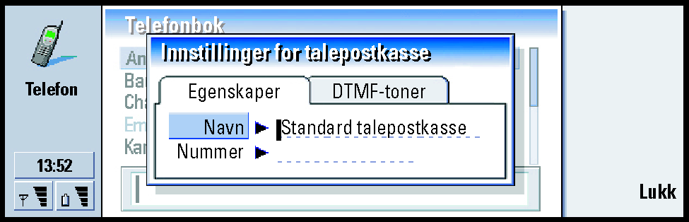 86 Telefon Figur 25 Siden Egenskaper Angi følgende valg: Navn: Gi et beskrivende navn for postkassen. Nummer: Skriv inn nummeret til postkassen som du har fått fra leverandøren av nettverkstjenesten.