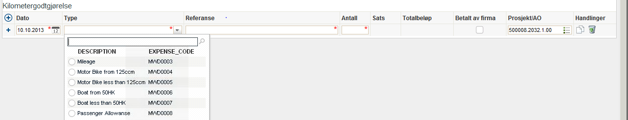 Mileage Km Godtgjørelse Define Date of occurrence (calendar will display when clicing in the dates field) Define Cost Code from Drop down list Define travel route.