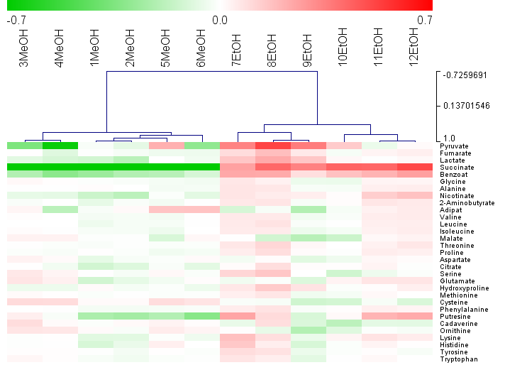 Figur 3.1.1: Heat map og hierarkisk klyngeanalyse av seks MCF derivatiserte etanolekstrakter og seks MCF derivatiserte metanolekstrakter fra HeLa S3 celler.