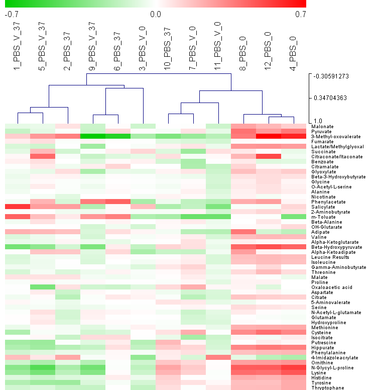 Figur 3.3.2: «Heat map» og hierarkisk klyngeanalyse av identifiserte metabolitter i tolv MCF-derivatiserte celleekstrakter ekstrahert etter fire forskjellige vasketrinn.