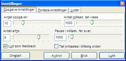 Treningsprogrammer 19 ' Viseren for prosent korrekte svar gir informasjon om prosent korrekte svar for hvert enkelt siffer.