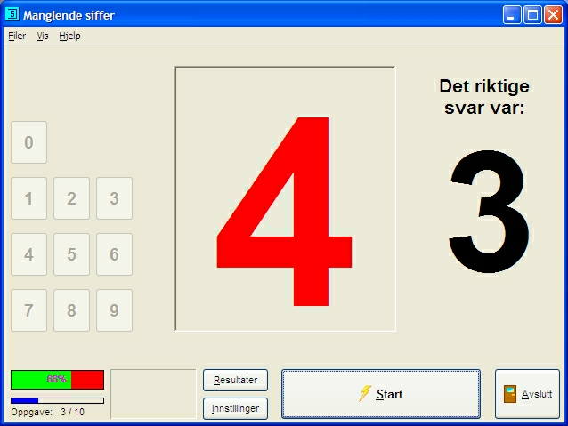 20 3.4 COGNIsoft-I Brukerveiledning Manglende siffer Formål Dette programmet er anvendelig både i trening av konsentrasjon, sekvens og sifrene 0 til 9. I oppgaven vises sifrene fra 0-9.