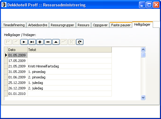 RESSURSADMINISTRERING MENY: Fil -> Ressursadministrering TIMEDEFINERING Du kan definere hvor lang arbeidsdagen er i ditt verksted.