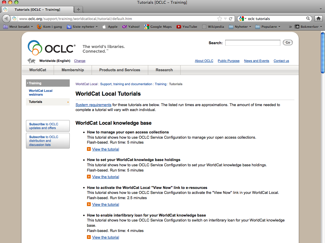 OCLCs side med innspilte brukerveiledninger til WorldCat