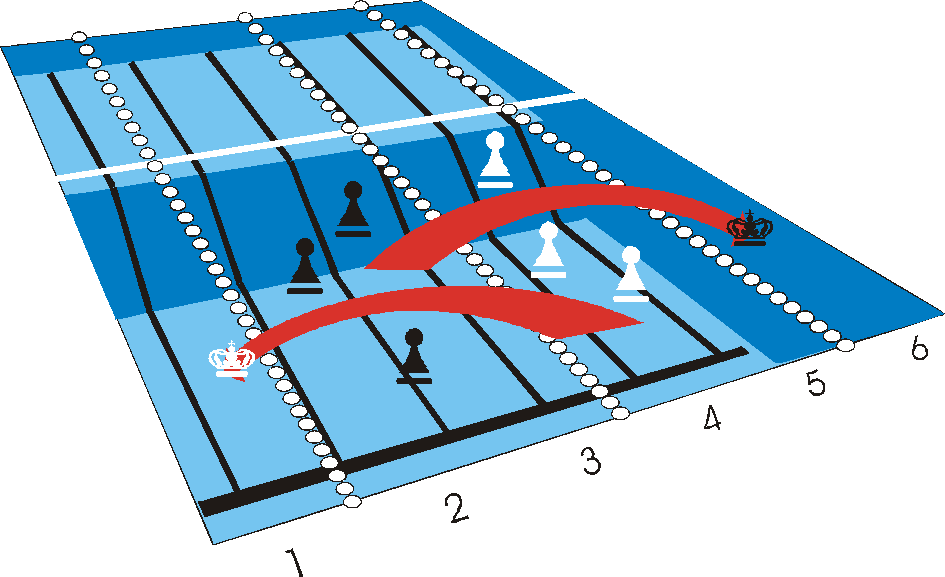 Kongeball Sett ut tre banetau mellom bane 3 og 4, 1 og 2, 5 og 6. Sett også ut det tauet som deler av på tvers. Nå har en delt inn i fire spillefelt. Spilles på dype delen av bassenget.