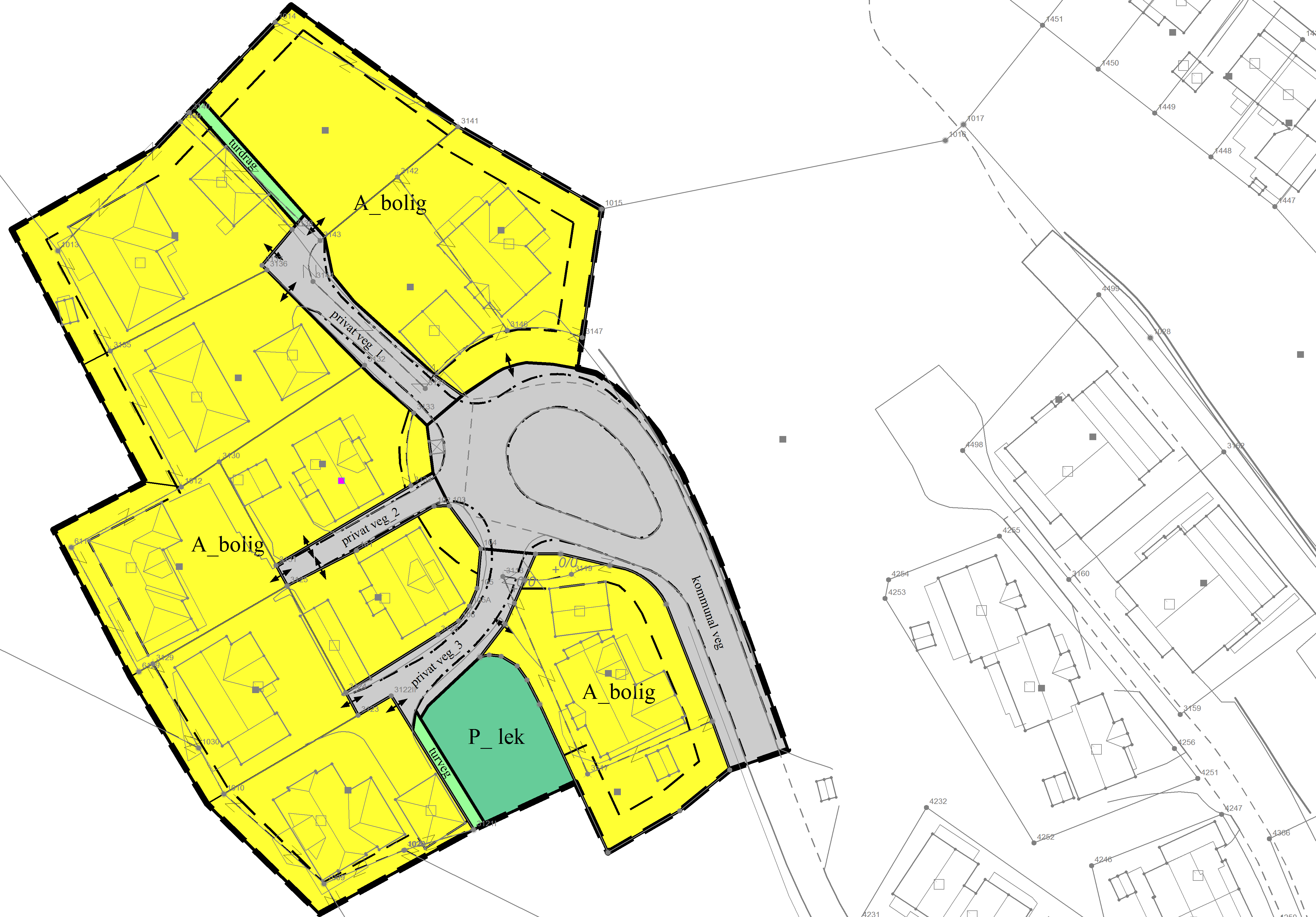 TEGNFORKLARING Plandata Reguleringsplan PBL 2008 Boligbebyggelse Lekeplass Veg Turdrag Turveg Felles for reguleringsplan PBL 1985 og 2008 Regulerings- og bebyggelsesplanområde Planens begrensning