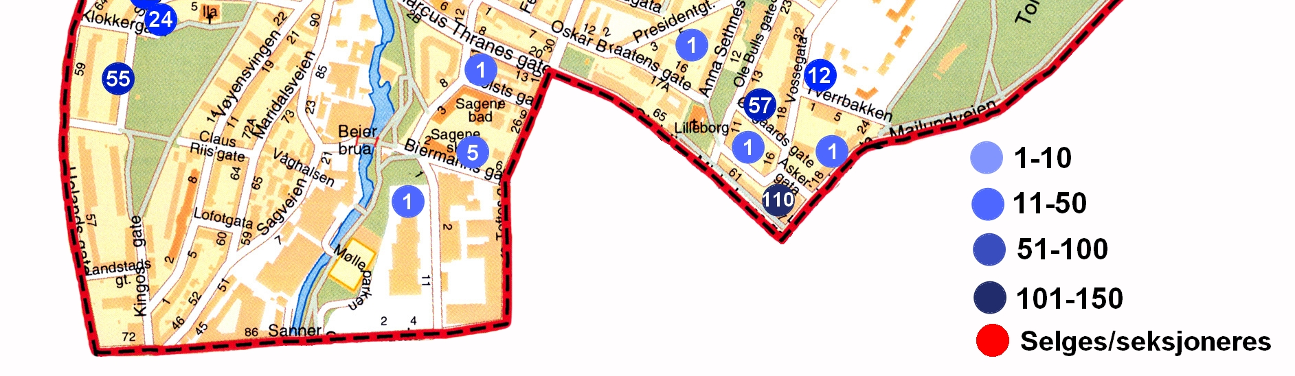 7 Kartet viser beliggenheten til kommunale boliger i Bydel Sagene, med antall boliger på hvert sted merket med tall.