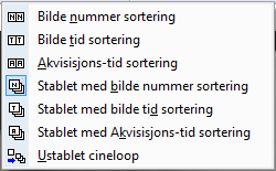 I denne menyen er det mulig å bestemme hva slags type sortering som skal anvendes. Default oppførsel er å vise bildene uavhengig og sortere på Bilde-nummer.