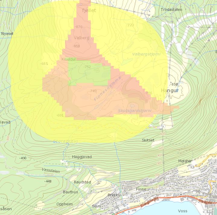 Planskildring Reguleringsplan med KU for gondol Voss 26 Figur 9 Kartutsnittet viser grensa for Fjellheimen villreinområde Figur 10