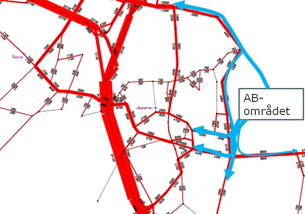 38 TRAFIKKANALYSE JESSHEIM Figur 29 Illustrasjon hvordan økt trafikk til/fra AB-området kan påvirke belastningen i vegnettet i 2030.