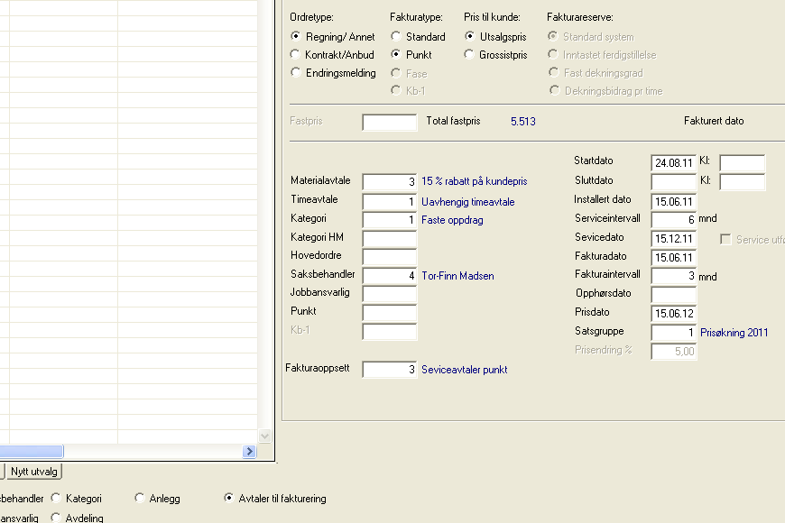 Serviceordre Fakturering hvem skal faktureres. Bestem dato Velg Avtaler til fakturering 1 Ordretabellen fylles da opp med avtaler som skal faktureres.