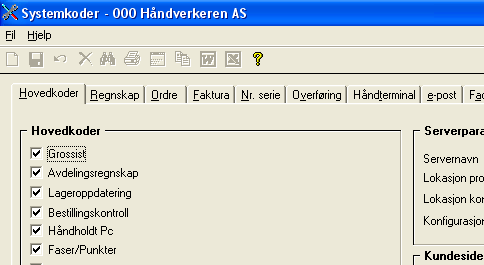 I tillegg må du inn i rutinen System, Vedlikehold og systemkoder å sette klientkoden. Ordrebildet Serviceordre merkes med egen kode, (1).