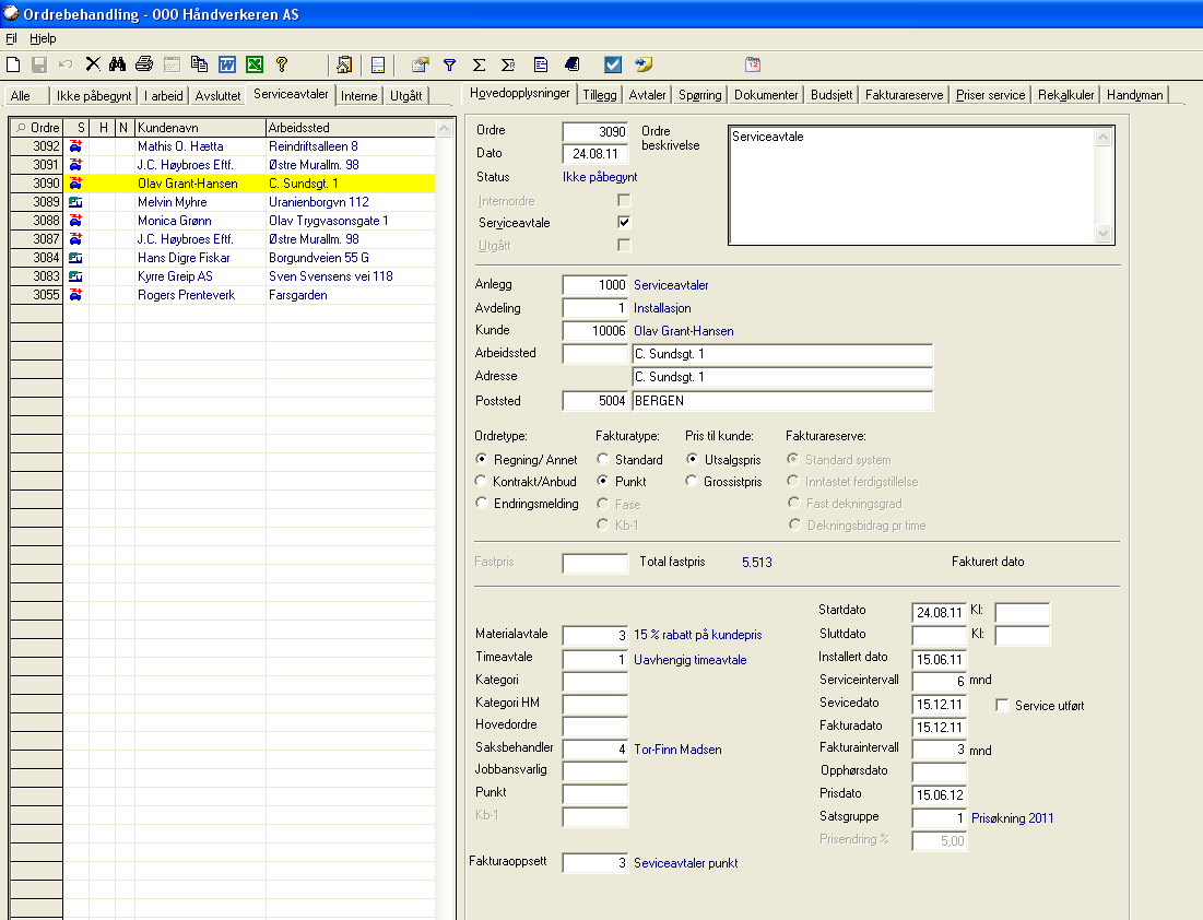 1 2 3 5 4 6 Punkter som opprettes når ny serviceavtale opprettes. Fastprisen legges inn på punkt 1. Punkt 2 benyttes til første tilleggsjobb som skal fakturere etter regning.