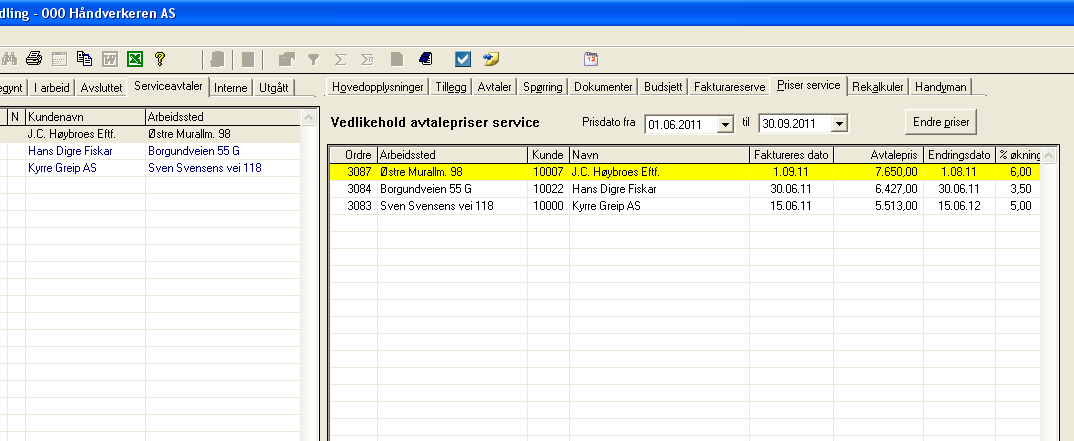 Serviceordre - Prisregulering 2 Juster prisdato Endringsrutine 1 Justering av ordre kan gjøres før endring 3 Rutine som endrer avtalt pris og setter ny prisdato.