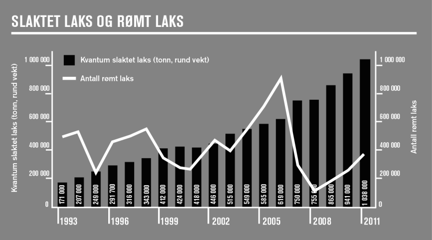 lene markert frem til 2008, se figur 2.1. Deretter har tallene steget igjen, og i 2011 rømte 370.000 laks. 18 Hovedårsakene til rømming har variert over år.