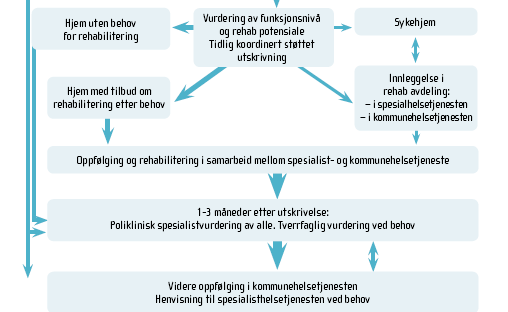 Den nasjonale retningslinja skisserar rehabiliteringsforløpet slik: Tidleg koordinert støtta utskriving* * Som eit tillegg til retningslinja anbefaler prosjektgruppa at tidleg koordinert støtta