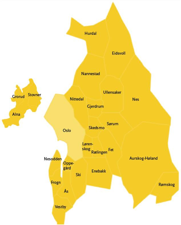 2. Geografiske og demografiske forhold i området 2.1 Forventet utvikling Illustrasjon: kart over opptaksområdet til Ahus Ahus leverer i 2012 helsetjenester til ca.460 000 mennesker.