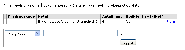 Klikk så på knappen «legg til» og registreringen vil vises som i neste bilde. Flere fradrag av typen Annet eller Yrkespraksis kan legges inn.