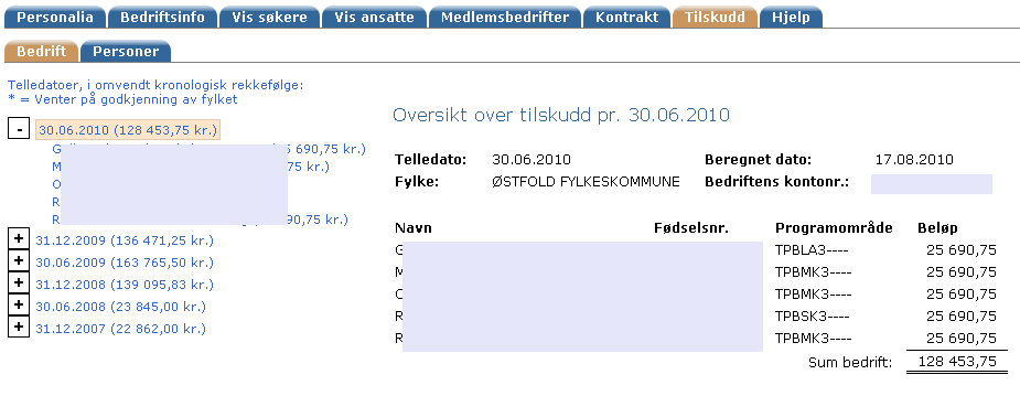 Tilskudd Viser oversikt over tilskudd utbetalt til aktuell bedrift.