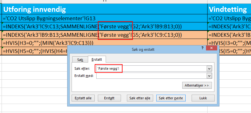 For at jeg skal klare å få sammenlignet materialene i elementene på flere vegger, velger jeg å lage et nytt ark for hver vegg. Da får jeg også plass til å sette inn diagrammer.