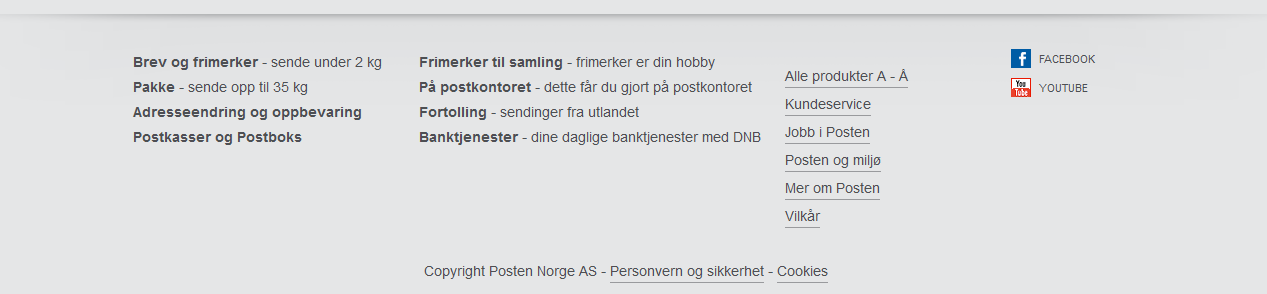 Primærnavigasjonen (blå markering) til postens nettside består av Forside, Produkter og tjenester, Kundeservice, Jobb i posten og Om posten.