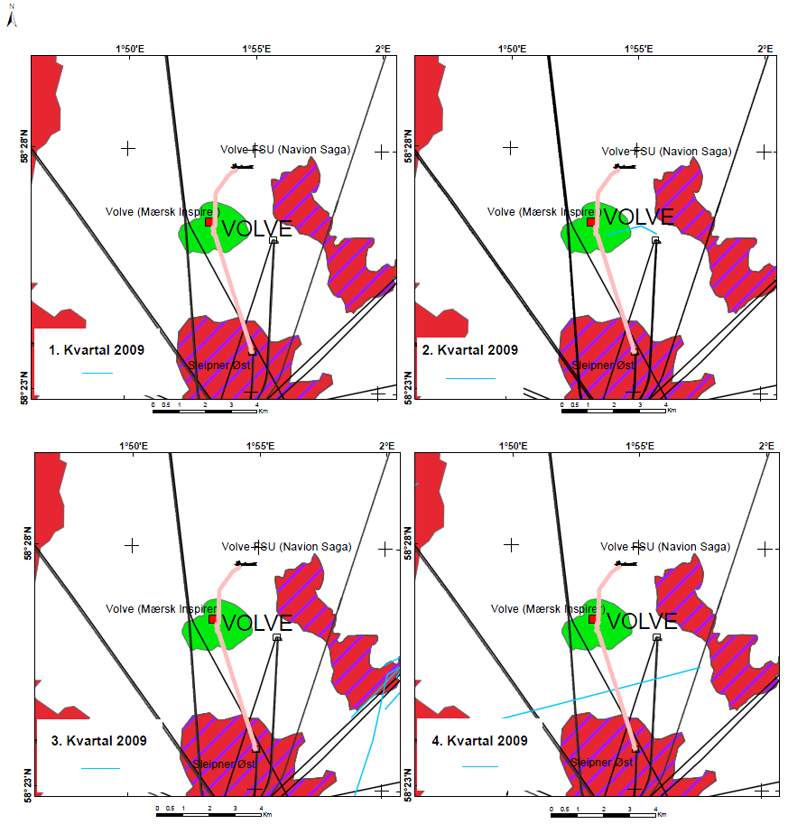 Figur 5-6. Registrert norsk fiskeriaktivitet (blå linjer) i området rundt Volveinnretningene i 2009.