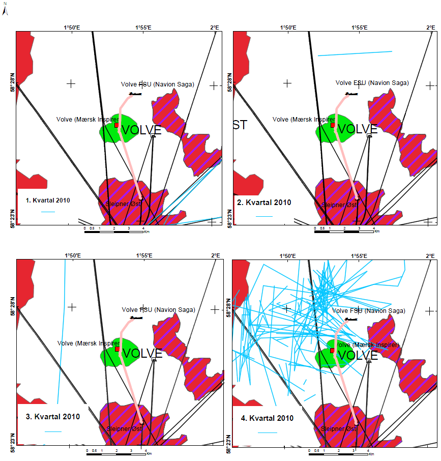 Figur 5-7. Registrert norsk fiskeriaktivitet (blå linjer) i området rundt Volveinnretningene i 2010.