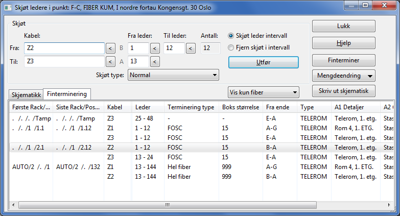 12. Trykk på knappen Lukk. 13. Kontroller skjøtingen i arkfanen Finterminering. Alle fiberintervall som starter på samme Boks/Kassett/Spor er skjøtt sammen. Dvs.