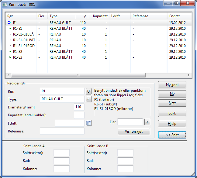 4. NB: Hvis du endrer navn (ID) på rør som er skjøtt med andre rør så vil rørnavnet endre seg i alle berørte traséer. Rør Her registreres rørene, kabelstigene og tilsvarende i en trasé.