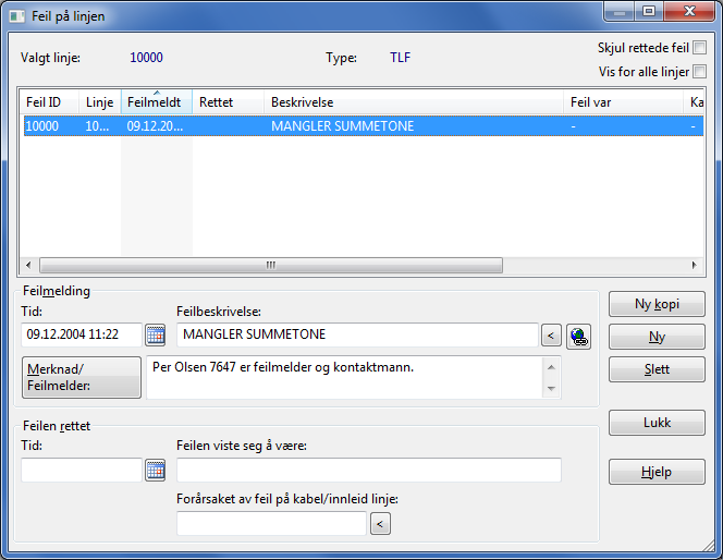 Skjermbildet Feil på linje. Feltene i Feil på linje - Feilmelding Tid Dette er datoen og eventuelt klokkeslettet som feilen er meldt. Telemator foreslår datoen i dag, men det kan du overskrive.