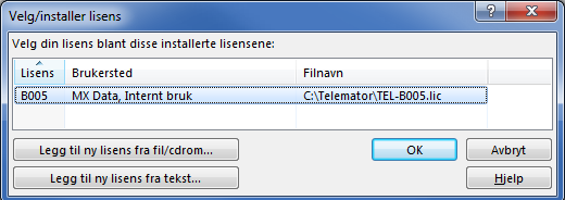 Fra e-post Se Installasjon av lisens fra e-post på side 7. Velg din lisens (når flere er installert) Hvis Telemator er installert på en server kan det benyttes flere lisenser for samme program.