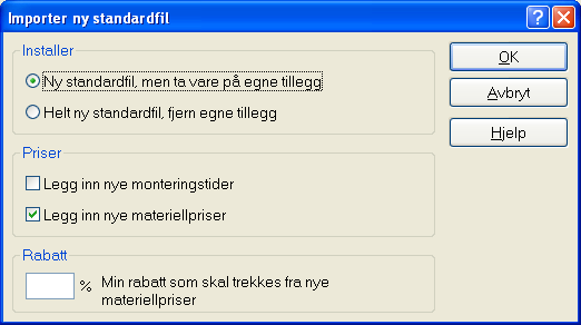 4. Velg om du skal hente standardfilen fra diskettstasjon (A:), minnepinne eller en annen stasjon og filmappe. Filen heter Standard.dbf 5. Trykk på knappen Åpne.