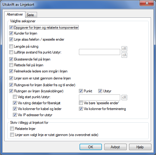 Alternativer for tilpasning av utskrift Alternativer for Linjekort.