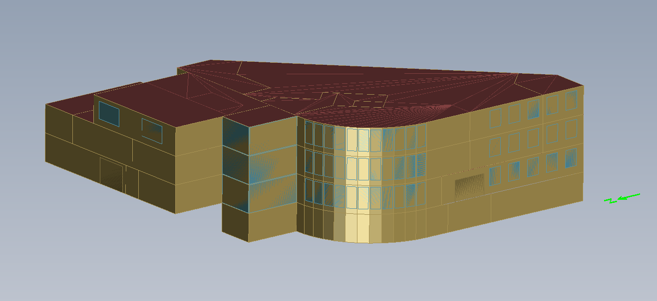 Figur 19 viser den ferdige simuleringsmodellen sett fra nordvest. Figur 19: Simuleringsmodellen i EnergyPlus 7.1.1 Sentral inndata i simuleringsmodellen Som energikilde til oppvarming er det lagt inn en luft til vann varmepumpe med varmekapasitet på 65 kw og nominell COP på 3,15.