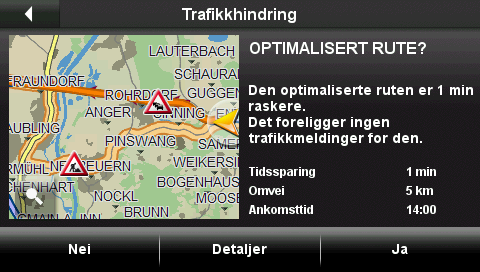 Vinduet TRAFIKKHINDRING åpnes. Vinduet viser et kartutsnitt med den strekningen som trafikkmeldingen gjelder, og den optimaliserte ruten med omkjøring av trafikkhindringen.