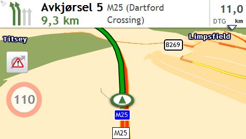 Hvordan kan jeg se min rute? Kjørekartet Når en rute har blitt kalkulert, vises Kart-skjermen. Du blir guidet til destinasjonen din med muntlige og visuelle instruksjoner.