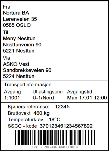 Transportmerking for kundepakket enhet Dette gir følgende oversikt for transportetikett for merking av kundepakket enhet: Opplysning Klartekst GS1-128 (strekkode) Avsenders navn, gateadresse,