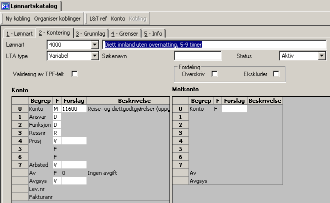 Konteringsbegrep hentes fra kontoens konteringsregel i AGRESSO Hovedbok. For rad 0 (posisjon 0) ligger alltid konto. Rad 1-7 tilsvarer konteringsposisjonene Dim1 - Dim7.