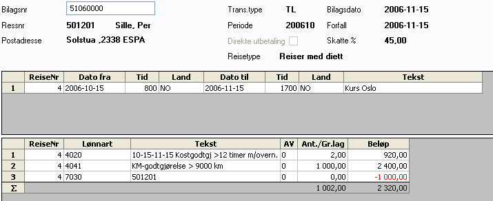 9. Spørring på reiser Bildet nedenfor viser utsnitt av spørring på reiser. Det er fullt mulig å spørre på en enkelt person eller et enkelt bilag. 9.