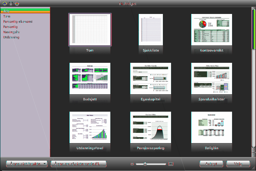2 I Malvelger-vinduet velger du en malkategori i venstre kolonne for å vise beslektede maler. Deretter velger du malen som passer best til regnearket du vil opprette.
