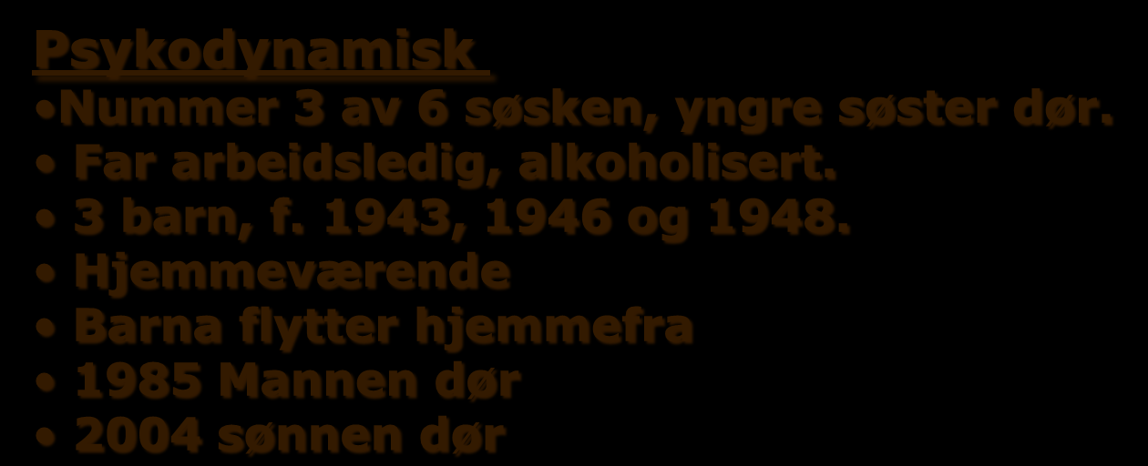 Nummer 3 av 6 søsken, yngre søster dør. Far arbeidsledig, alkoholisert. Folkeskole. Hushjelp i Oslo. Forlovet i 3 år. Gifter seg med fabrikkarbeider. 3 barn, f. 1943, 1946 og 1948.