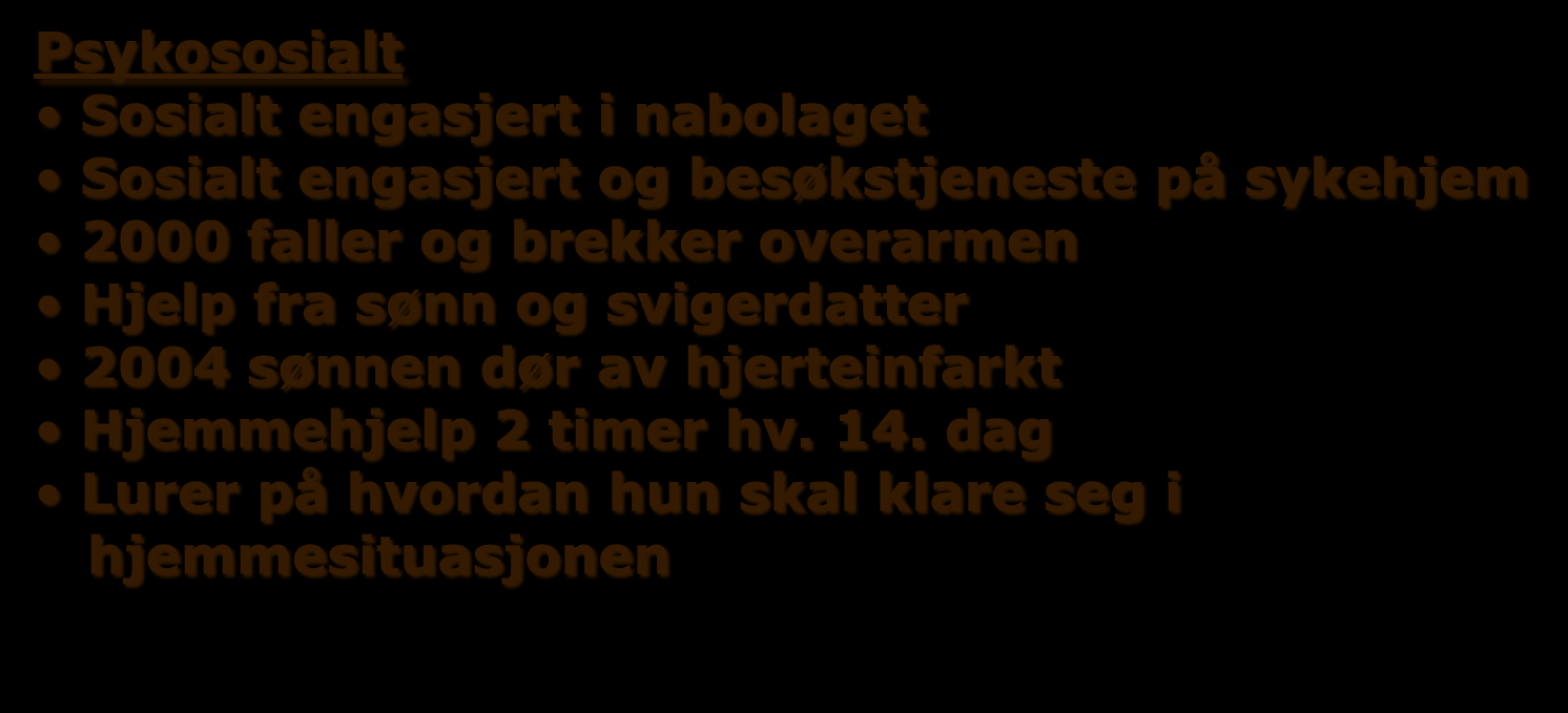 Nummer 3 av 6 søsken, yngre søster dør. Far arbeidsledig, alkoholisert. Folkeskole. Hushjelp i Oslo. Forlovet i 3 år. Gifter seg med fabrikkarbeider. Psykososialt 3 barn, f. 1943, 1946 og 1948.