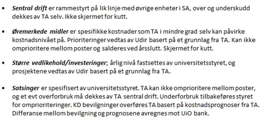 (SA = Sentral Administrasjonen = dagens LOS, TA = Teknisk Avdeling = dagens EA) Figur 2-2: Fordeling av fire kostnadskategorier Kategoriseringen av kostnadene i dagens ordning er