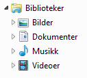 Undermappene Mine bilder, Min musikk og Mine videoer i mappen Mine dokumenter på hjemmeområdet F: tilsvarer Bilder, Musikk og Video under Biblioteker i Windows 7.