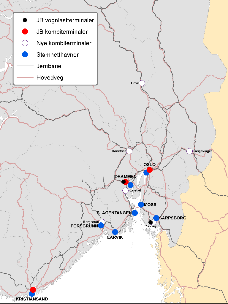Figur 4.10 Oversikt over terminaler i Østland-scenariet. Figur 4.10 viser hvor terminalene lokalisert.