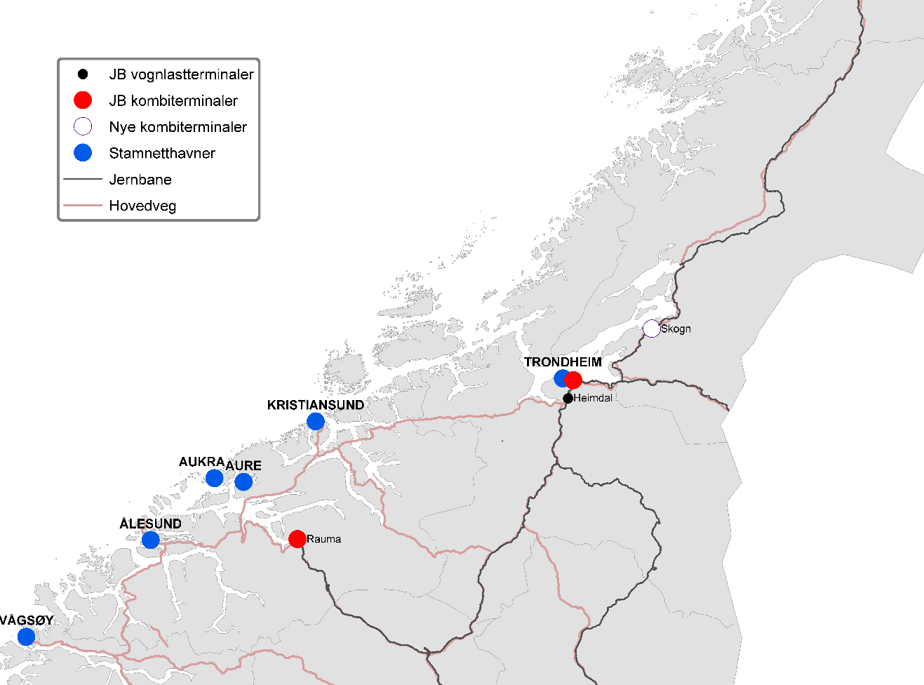 4.5 Alternative terminalstrukturer Midt-Norge 4.5.1 Referansealternativet for Midt-Norge I tilknytning til arbeidet med terminalstrukturer i bred godsanalyse, ble det avholdt et miniverksted i