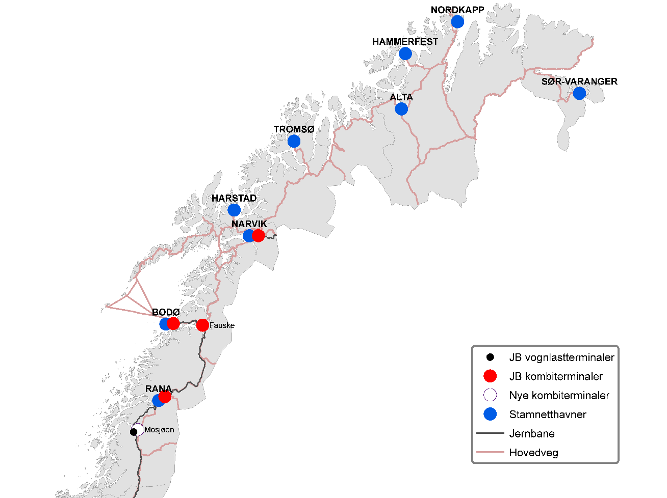 4.6 Alternative terminalstrukturer Nord-Norge 4.6.1 Om referansealternativet for Nord-Norge I tilknytning til arbeidet med terminalstrukturer i bred godsanalyse, ble det avholdt et miniverksted i