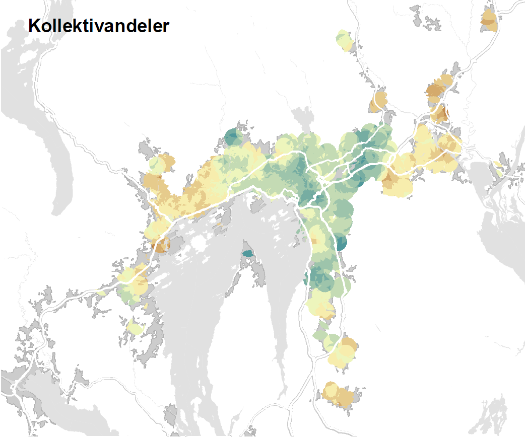 Figur 3.2: Bilandeler i ulike soner i Kristiansandsområdet. Andel av gjennomførte reiser blant bosatte i grunnkrets. Kilde: Nasjonal RVU 2009. Figur 3.