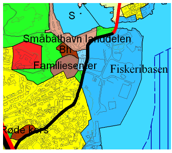 Figur 7-16: Areal for fiskeribasen avsatt i kommuneplan Den foreslåtte endringen i reguleringsbestemmelsene vil medføre at de regulerte industriområdene ikke lenger er forbeholdt fiskeribaserelatert